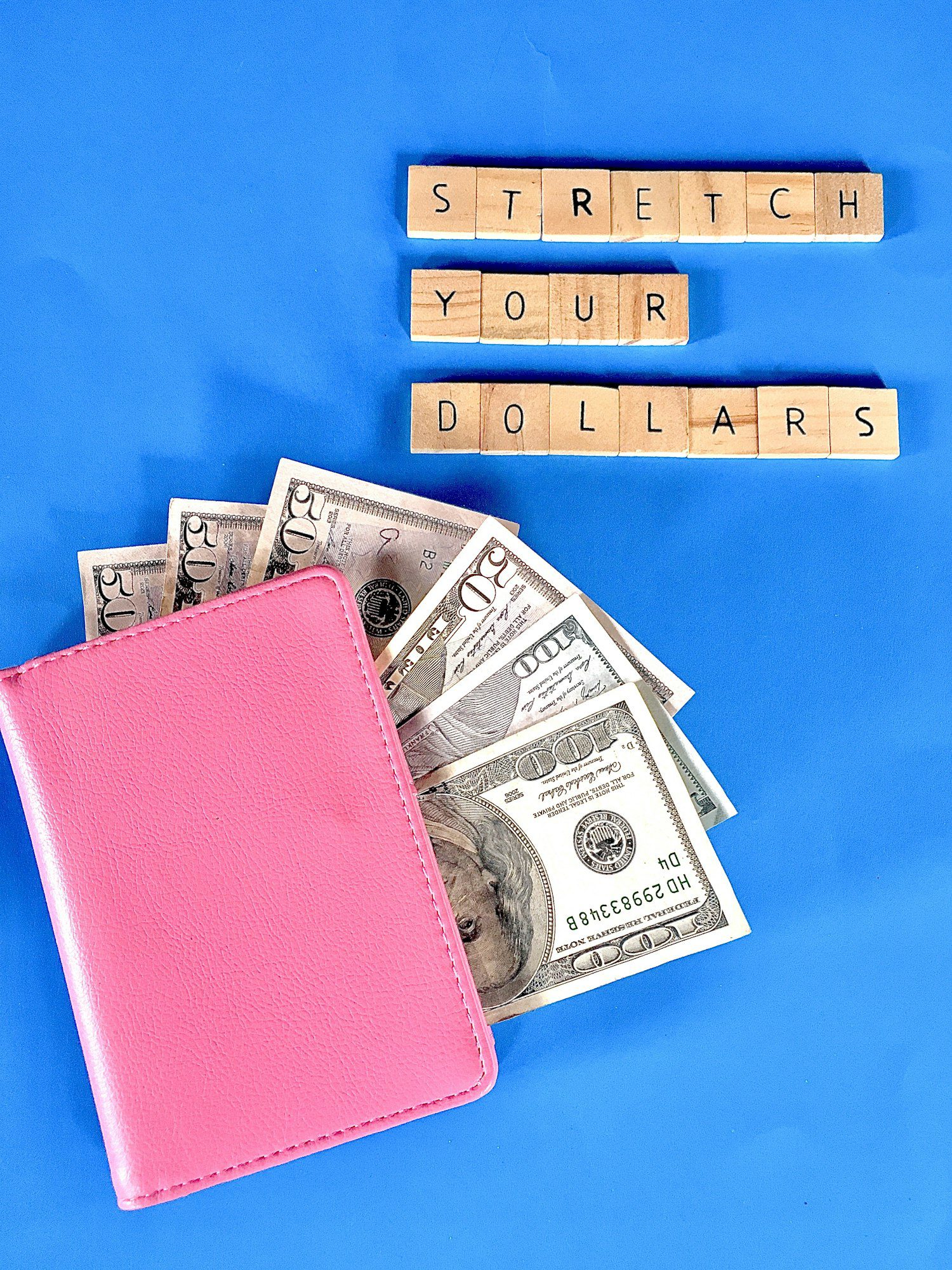 STRETCH YOUR DOLLARS on blue background